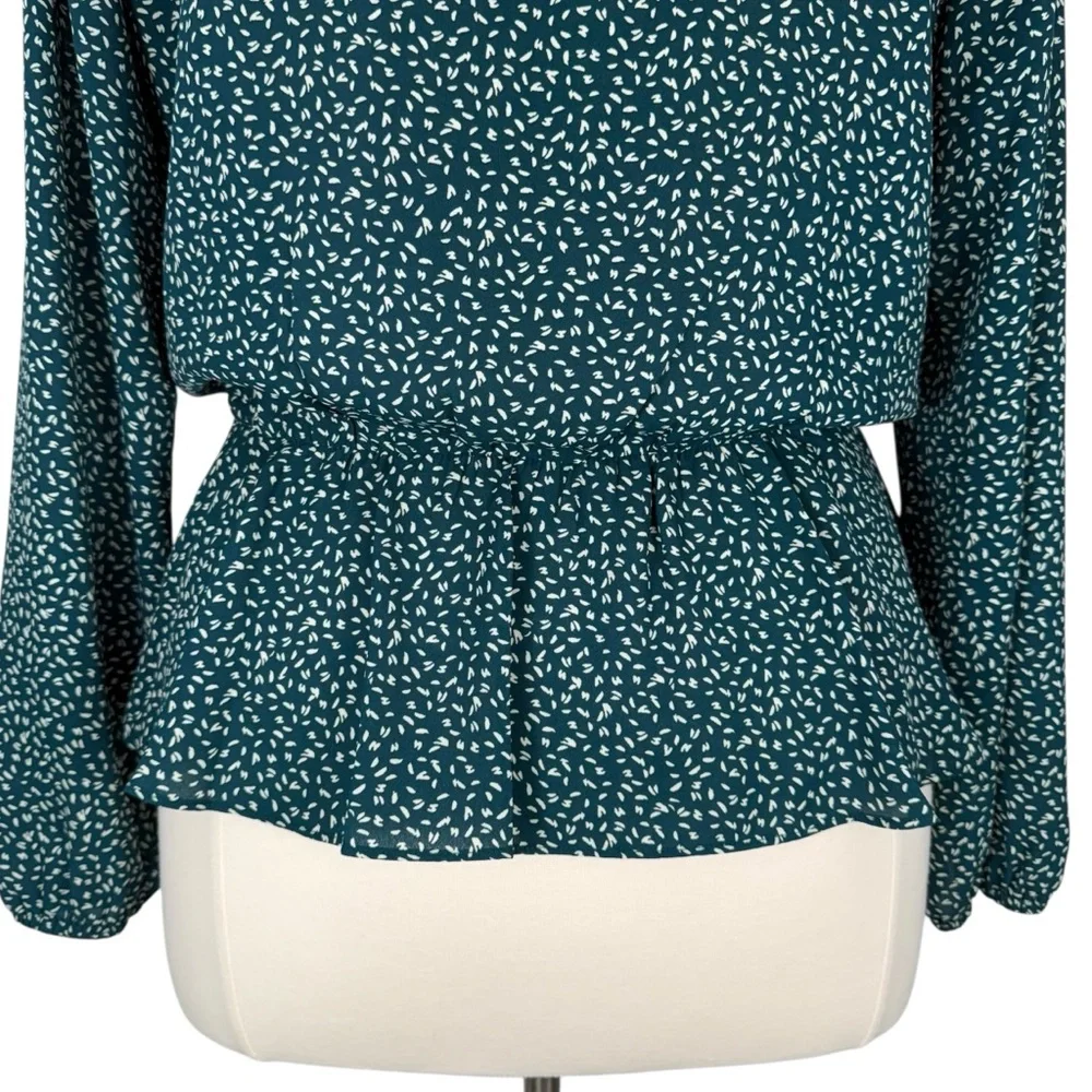 Nine Britton Cavanna Teal Green Faux Wrap Animal Print Dressy Peplum Blouse - Picture 12 of 16